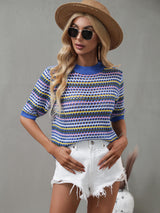 Striped Openwork Half Sleeve Knit Top - SHE BADDY© ONLINE WOMEN FASHION & CLOTHING STORE