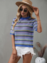 Striped Openwork Half Sleeve Knit Top - SHE BADDY© ONLINE WOMEN FASHION & CLOTHING STORE