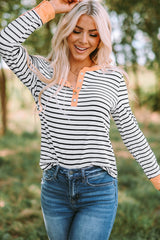 Striped Contrast Trim Quarter Snap T-Shirt - SHE BADDY© ONLINE WOMEN FASHION & CLOTHING STORE
