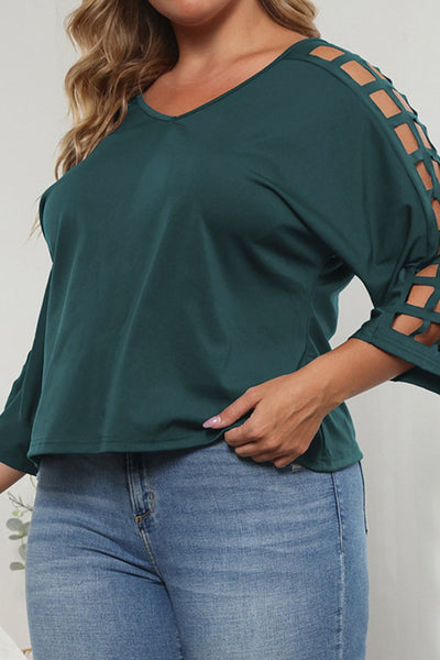 Plus Size Cutout Three-Quarter Sleeve Blouse - SHE BADDY© ONLINE WOMEN FASHION & CLOTHING STORE