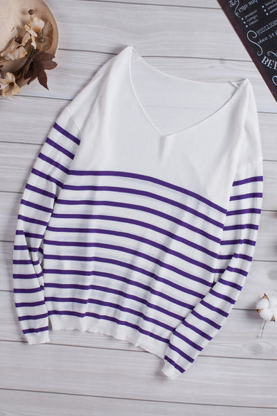 Striped V-Neck Long Sleeve Knit Top - SHE BADDY© ONLINE WOMEN FASHION & CLOTHING STORE