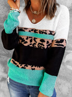 Leopard Color Block V-Neck Rib-Knit Sweater - SHE BADDY© ONLINE WOMEN FASHION & CLOTHING STORE