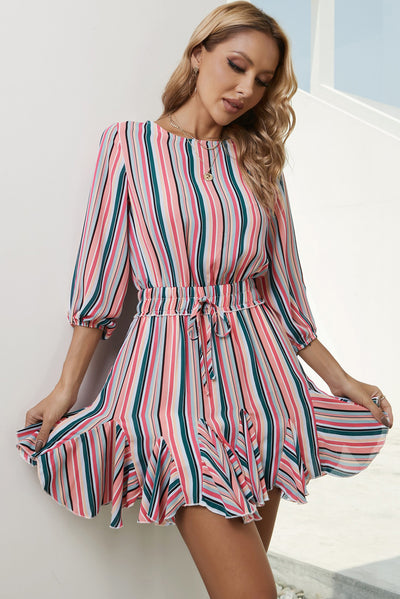 Striped Drawstring Waist Three-Quarter Sleeve Mini Dress - SHE BADDY© ONLINE WOMEN FASHION & CLOTHING STORE