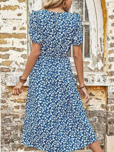 Floral Round Neck Split Midi Dress - SHE BADDY© ONLINE WOMEN FASHION & CLOTHING STORE
