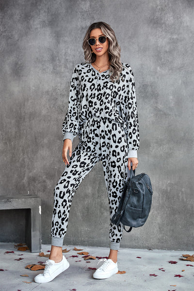 Leopard V-Neck Dropped Shoulder Loungewear Set - SHE BADDY© ONLINE WOMEN FASHION & CLOTHING STORE