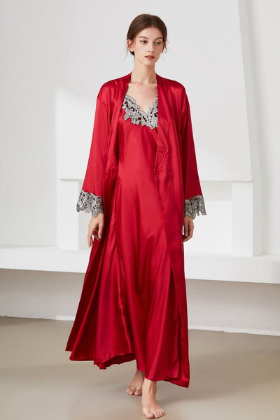 Contrast Lace Trim Satin Night Dress and Robe Set - SHE BADDY© ONLINE WOMEN FASHION & CLOTHING STORE