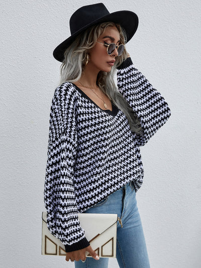 Striped Drop Shoulder V-Neck Pullover Sweater - SHE BADDY© ONLINE WOMEN FASHION & CLOTHING STORE