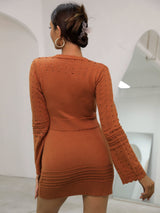 Openwork Ribbed Trim Surplice Sweater Dress - SHE BADDY© ONLINE WOMEN FASHION & CLOTHING STORE