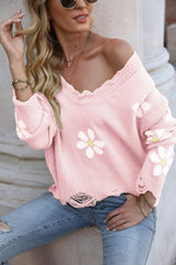 Flower Distressed Ribbed Trim Sweater - SHE BADDY© ONLINE WOMEN FASHION & CLOTHING STORE