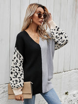 Leopard Color Block V-Neck Tunic Pullover Sweater - SHE BADDY© ONLINE WOMEN FASHION & CLOTHING STORE