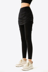 Drawstring Ruched Faux Layered Yoga Leggings - SHE BADDY© ONLINE WOMEN FASHION & CLOTHING STORE