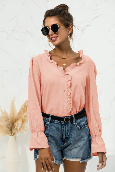 Frill Trim V-Neck Flounce Sleeve Shirt - SHE BADDY© ONLINE WOMEN FASHION & CLOTHING STORE