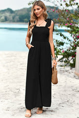 Frill Trim Tie Shoulder Wide Leg Jumpsuit with Pockets - SHE BADDY© ONLINE WOMEN FASHION & CLOTHING STORE