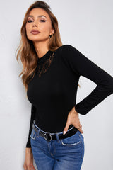 Mock Neck Lace Detail Long Sleeve Tee - SHE BADDY© ONLINE WOMEN FASHION & CLOTHING STORE