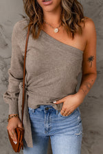 Side Tie One-Shoulder Ribbed Trim Sweater - SHE BADDY© ONLINE WOMEN FASHION & CLOTHING STORE