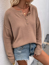 Buttoned Exposed Seam High-Low Sweater - SHE BADDY© ONLINE WOMEN FASHION & CLOTHING STORE