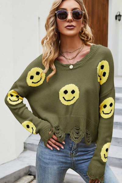 Smiley Face Distressed Round Neck Sweater - SHE BADDY© ONLINE WOMEN FASHION & CLOTHING STORE