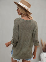 Notched Side Slit Drop Shoulder Sweater - SHE BADDY© ONLINE WOMEN FASHION & CLOTHING STORE