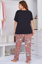 Plus Size Contrast Round Neck Tee and Floral Pants Lounge Set - SHE BADDY© ONLINE WOMEN FASHION & CLOTHING STORE
