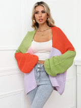 Color Block Open Front Balloon Sleeve Longline Cardigan - SHE BADDY© ONLINE WOMEN FASHION & CLOTHING STORE