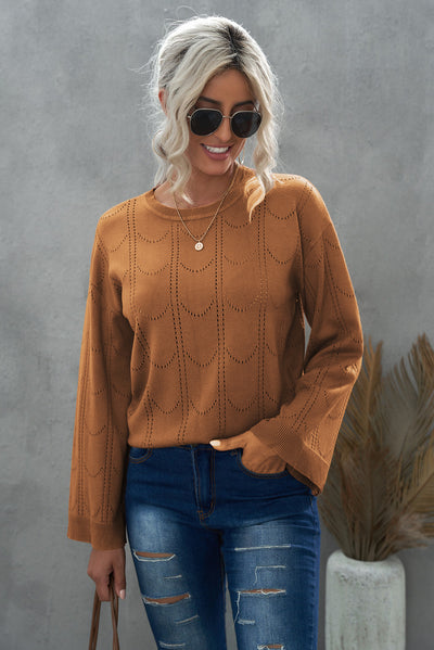 Openwork Flare Sleeve Pullover Sweater - SHE BADDY© ONLINE WOMEN FASHION & CLOTHING STORE