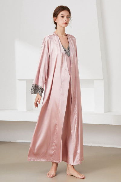 Contrast Lace Trim Satin Night Dress and Robe Set - SHE BADDY© ONLINE WOMEN FASHION & CLOTHING STORE