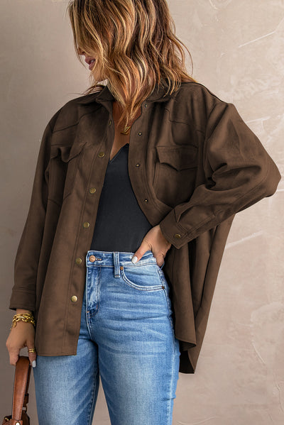 Suede Snap Front Dropped Shoulder Jacket - SHE BADDY© ONLINE WOMEN FASHION & CLOTHING STORE