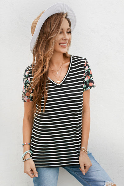 Floral Sleeves Striped T-shirt - SHE BADDY© ONLINE WOMEN FASHION & CLOTHING STORE