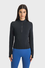 Half Zip Thumbhole Sleeve Sports Top - SHE BADDY© ONLINE WOMEN FASHION & CLOTHING STORE