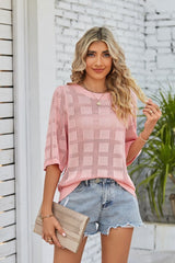 Ribbed Trim Round Neck Knit Top - SHE BADDY© ONLINE WOMEN FASHION & CLOTHING STORE