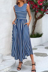 Striped Round Neck Sleeveless Dress with Pockets - SHE BADDY© ONLINE WOMEN FASHION & CLOTHING STORE