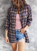 Plaid Slit High-Low Shirt with Pockets - SHE BADDY© ONLINE WOMEN FASHION & CLOTHING STORE