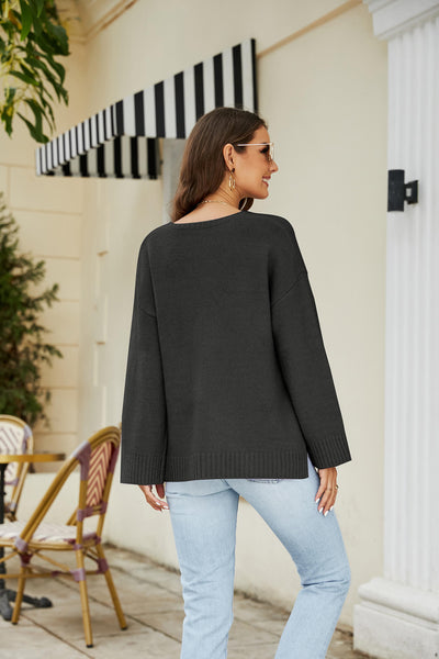 Drop Shoulder V-Neck Knit Pullover - SHE BADDY© ONLINE WOMEN FASHION & CLOTHING STORE