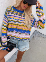 Rainbow Stripe Openwork Flare Sleeve Knit Top - SHE BADDY© ONLINE WOMEN FASHION & CLOTHING STORE