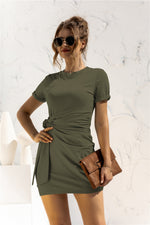 Round Neck Cuffed Sleeve Side Tie Dress - SHE BADDY© ONLINE WOMEN FASHION & CLOTHING STORE