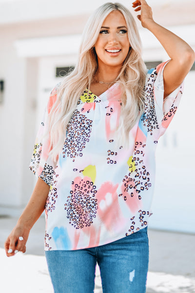 Mixed Print V-Neck Half Sleeve Top - SHE BADDY© ONLINE WOMEN FASHION & CLOTHING STORE