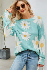 Daisy Print Openwork Round Neck Sweater - SHE BADDY© ONLINE WOMEN FASHION & CLOTHING STORE