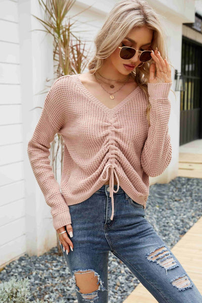 Waffle-Knit Drawstring Detail V-Neck Sweater - SHE BADDY© ONLINE WOMEN FASHION & CLOTHING STORE