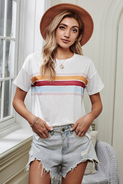 Striped Dropped Shoulder Round Neck Tee - SHE BADDY© ONLINE WOMEN FASHION & CLOTHING STORE