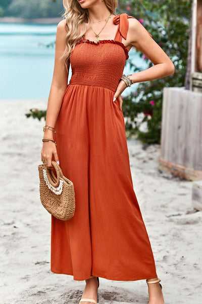 Frill Trim Tie Shoulder Wide Leg Jumpsuit with Pockets - SHE BADDY© ONLINE WOMEN FASHION & CLOTHING STORE