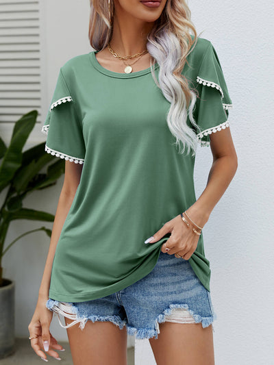 Pom-Pom Trim Flutter Sleeve Round Neck Tee - SHE BADDY© ONLINE WOMEN FASHION & CLOTHING STORE