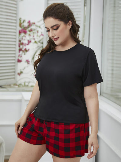 Plus Size Round Neck Tee Shirt and Plaid Shorts Lounge Set - SHE BADDY© ONLINE WOMEN FASHION & CLOTHING STORE