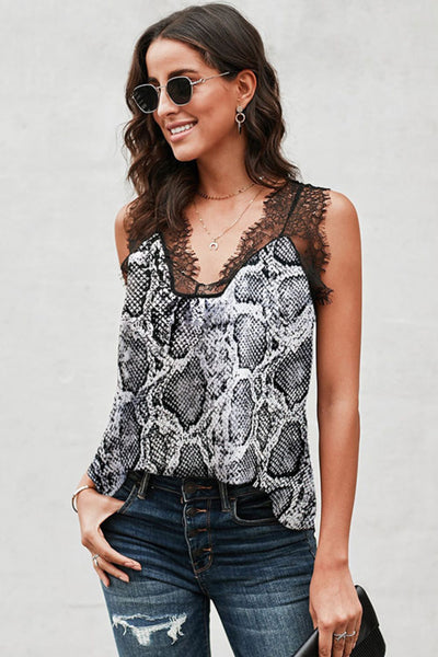 Printed Scalloped Lace Trim Tank - SHE BADDY© ONLINE WOMEN FASHION & CLOTHING STORE