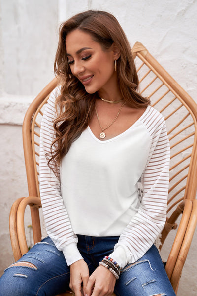 Sheer Striped V-Neck Top - SHE BADDY© ONLINE WOMEN FASHION & CLOTHING STORE