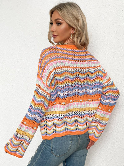 Rainbow Stripe Openwork Flare Sleeve Knit Top - SHE BADDY© ONLINE WOMEN FASHION & CLOTHING STORE