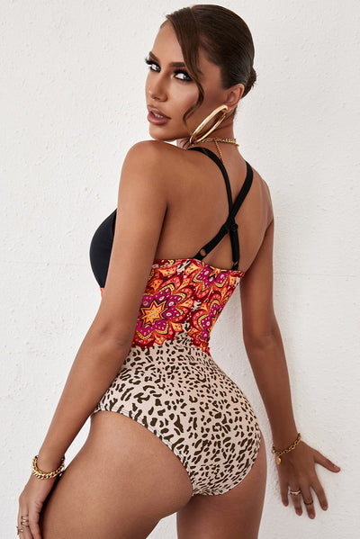 Printed Crisscross Deep V One-Piece Swimsuit - SHE BADDY© ONLINE WOMEN FASHION & CLOTHING STORE
