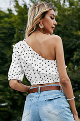 Polka Dot One-Shoulder Ruffled Crop Top - SHE BADDY© ONLINE WOMEN FASHION & CLOTHING STORE