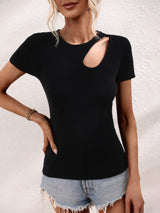 Cutout Round Neck Short Sleeve Knit Top - SHE BADDY© ONLINE WOMEN FASHION & CLOTHING STORE