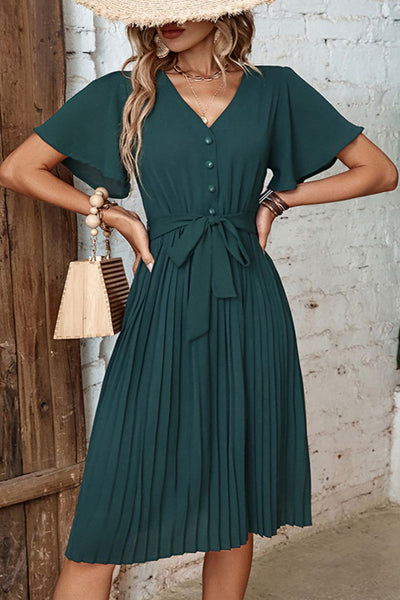 Buttoned V-Neck Flutter Sleeve Pleated Dress - SHE BADDY© ONLINE WOMEN FASHION & CLOTHING STORE