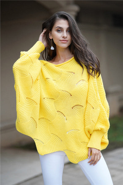 Openwork Boat Neck Sweater with Scalloped Hem - SHE BADDY© ONLINE WOMEN FASHION & CLOTHING STORE